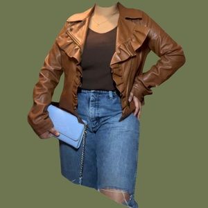 💚🤑Tan Faux Leather Ruffle Moto Jacket by “Dots”
